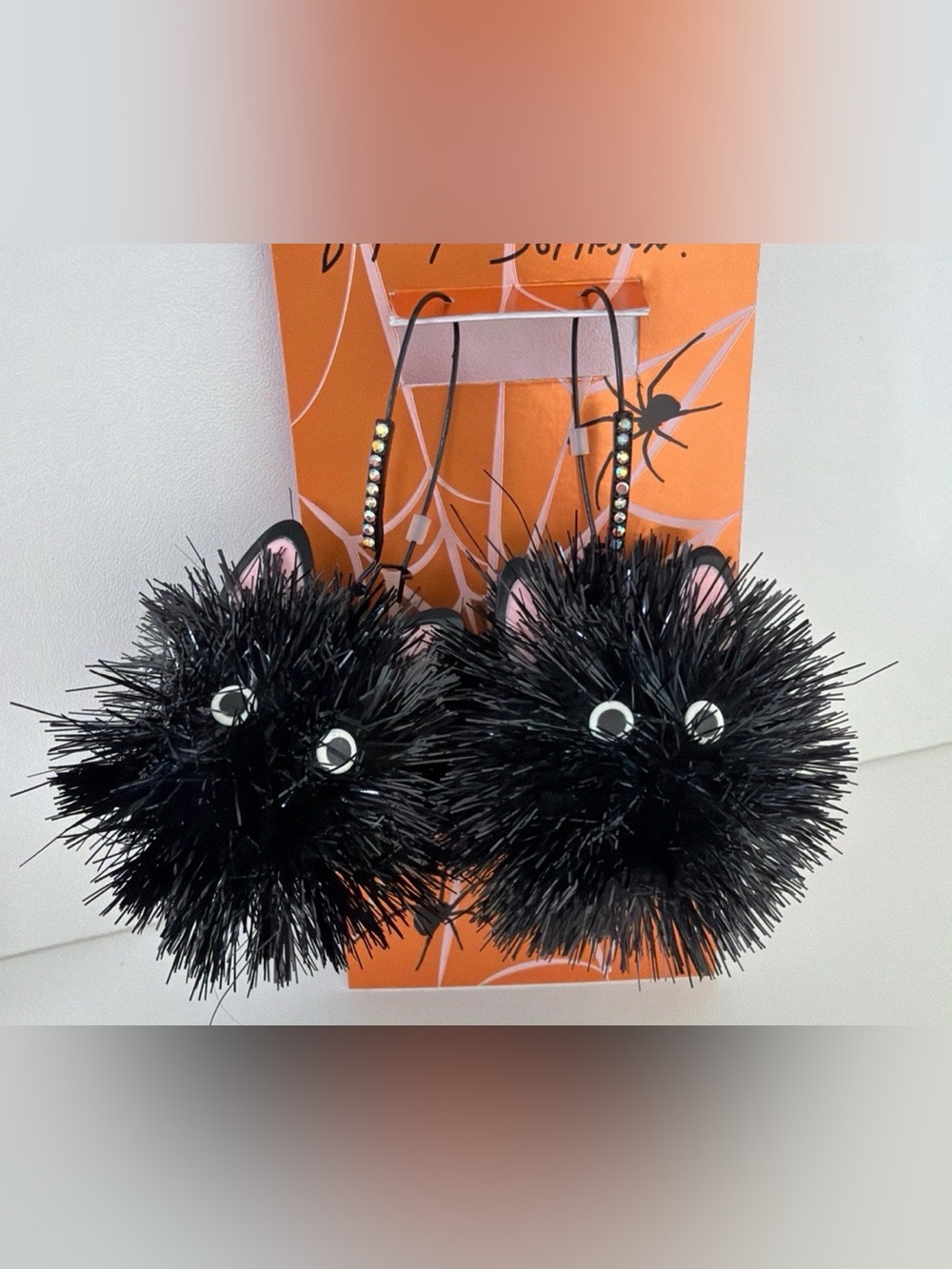 Betsey Johnson Black Fuzzy Cat Pom Pom Dangle Earrings